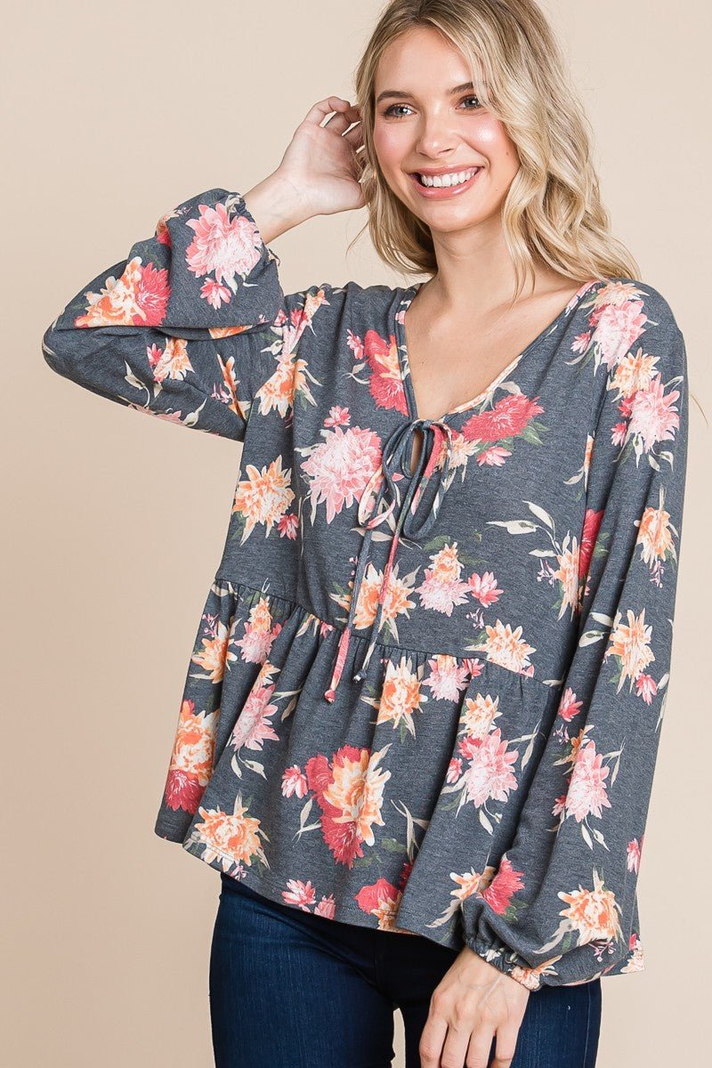 Super Lady Full Size Babydoll Floral Long Sleeve Blouse - Love Salve